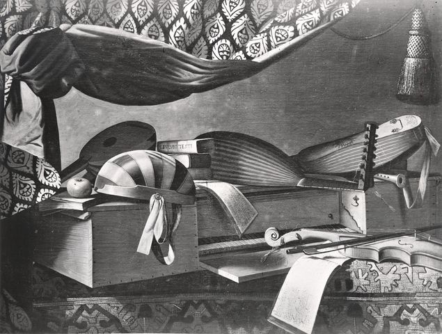 Accademia Carrara — Baschenis Evaristo (scuola) - sec. XVII - Natura morta con strumenti musicali e mela — insieme